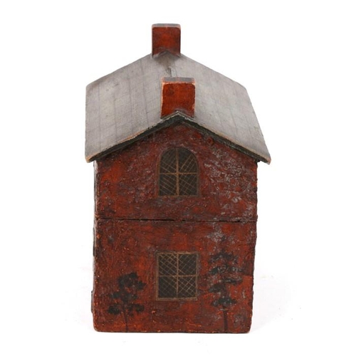 577 - A folk art style perfume caddy in the form of a cottage, interior fitted with a pair of flashed cut ... 