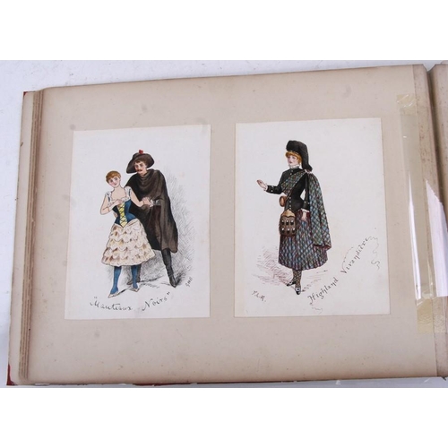 732 - A 19th century album containing sixty three pantomime and theatre costume designs, mixed media water... 