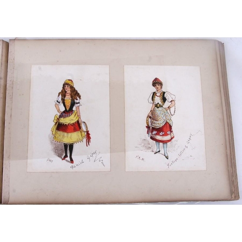 732 - A 19th century album containing sixty three pantomime and theatre costume designs, mixed media water... 