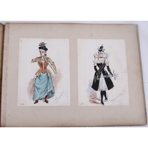 732 - A 19th century album containing sixty three pantomime and theatre costume designs, mixed media water... 