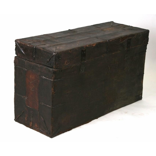 774 - A 18th / 19th century Tibetan tiger skin and leather bound trunk with metal strapwork decoration, (p... 