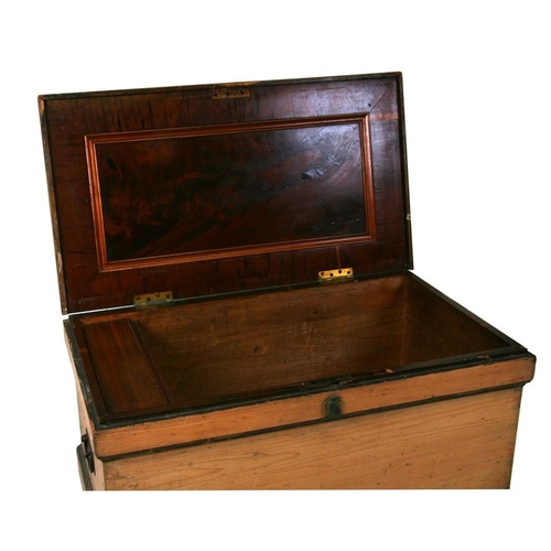 775 - A 19th century pine cabinet makers trunk with mahogany veneered fitted interior, 97cms (38ins) wide.