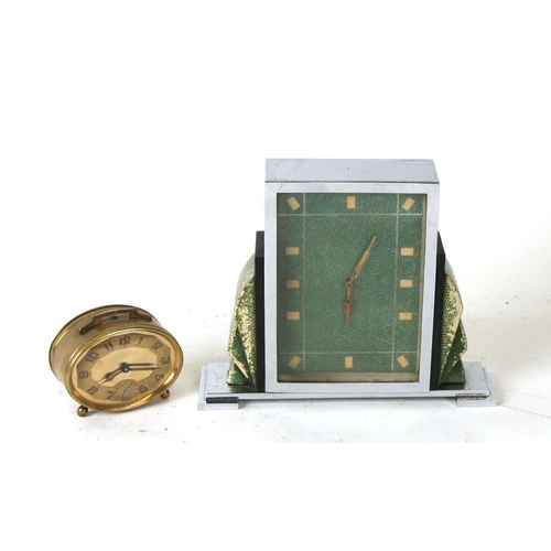 915 - A 1930s Art Deco chrome and faux shagreen mantel clock, 15cm (6 ins) high; together with a French br... 