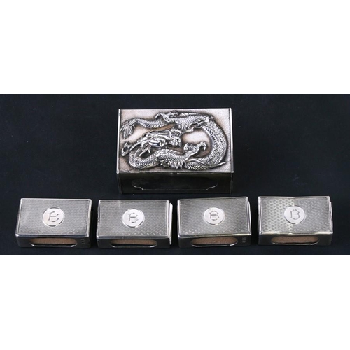 932 - A set of four silver matchbox covers, London 1903; together with a Chinese silver matchbox cover dec... 