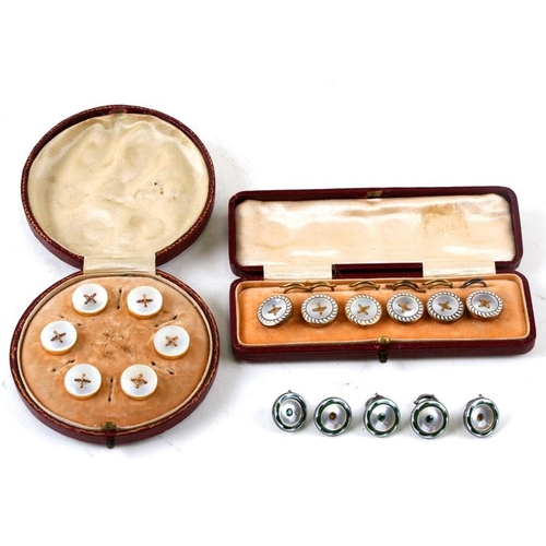 993 - A boxed set of six 15ct gold and mother of pearl dress buttons; together with a boxed set of gold pl... 