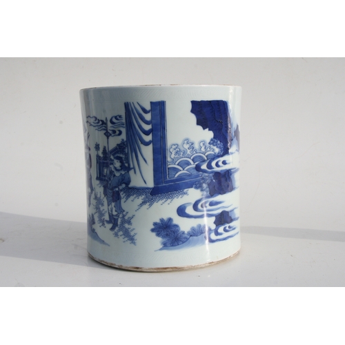 379 - A large Chinese blue & white brush pot decorated with figures in a landscape, 20cms (8ins) high.