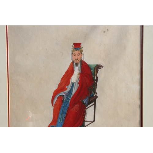 480 - 19th century Chinese school - a watercolour painting depicting a robed dignitary seated on a throne ... 