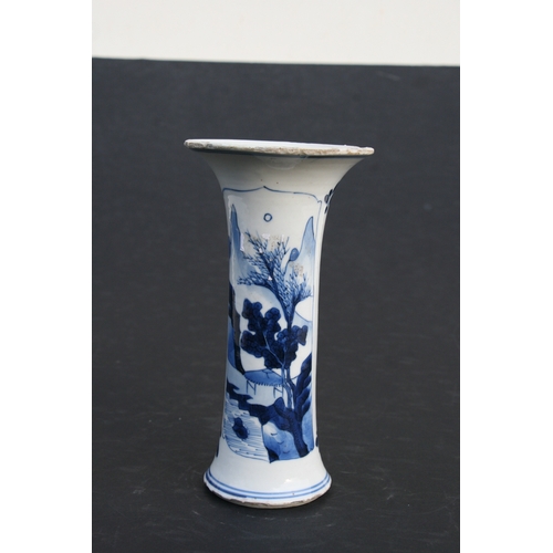 520 - A Chinese blue & white Kangxi sleeve vase with flared upper rim, decorated with a landscape scene an... 