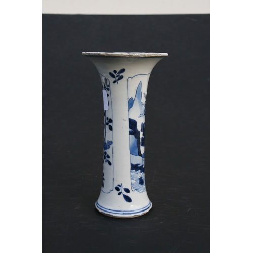 520 - A Chinese blue & white Kangxi sleeve vase with flared upper rim, decorated with a landscape scene an... 