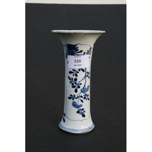 520 - A Chinese blue & white Kangxi sleeve vase with flared upper rim, decorated with a landscape scene an... 