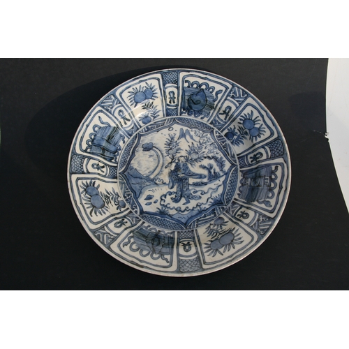 501 - A Chinese Kraak ware porcelain blue & white shallow dish decorated with a figure carrying branches o... 