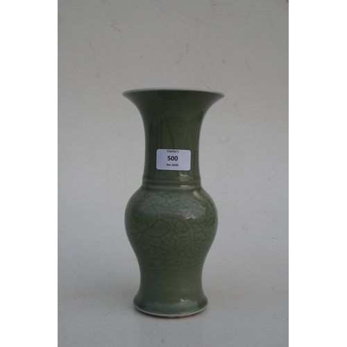 500 - An 18th century Chinese celadon glazed vase with sgraffito decoration, with a Chait Galleries, New Y... 