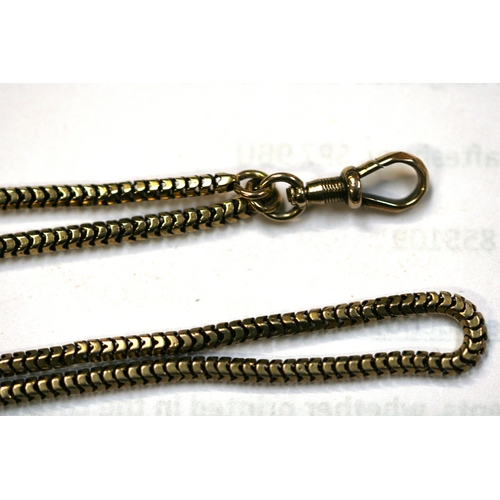 215 - A yellow metal (test as gold) snake skin link guard chain. Total length 168cm (66 ins).   36.8g