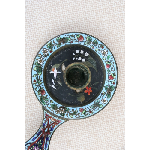 609 - A late 19th century brass,champleve enamel and pietra dura decorated chamber stick together with a c... 