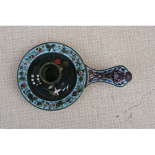 609 - A late 19th century brass,champleve enamel and pietra dura decorated chamber stick together with a c... 