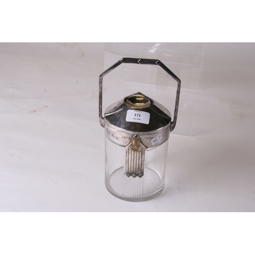 171 - A WMF Art Deco silver plated and glass biscuit barrel, 25cms (9.75ins) high.