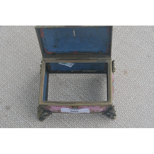 603 - A 19th century French enamel trinket box in the manner of Tahan of Paris, the pink ground with appli... 