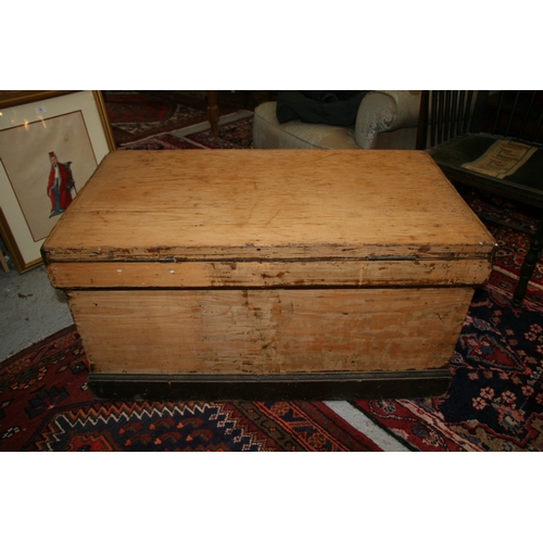 775 - A 19th century pine cabinet makers trunk with mahogany veneered fitted interior, 97cms (38ins) wide.