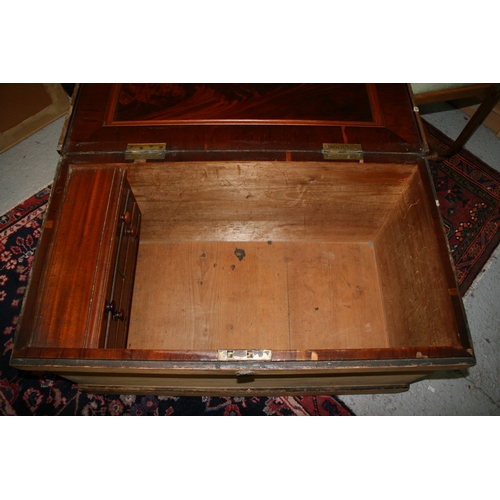 775 - A 19th century pine cabinet makers trunk with mahogany veneered fitted interior, 97cms (38ins) wide.