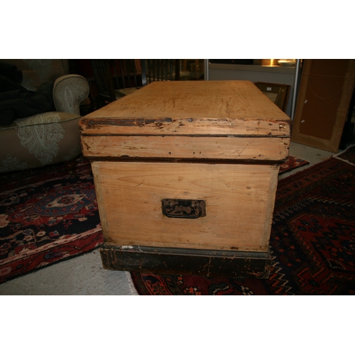 775 - A 19th century pine cabinet makers trunk with mahogany veneered fitted interior, 97cms (38ins) wide.