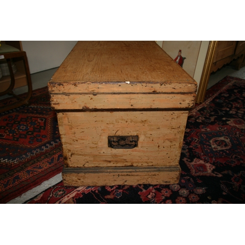 775 - A 19th century pine cabinet makers trunk with mahogany veneered fitted interior, 97cms (38ins) wide.