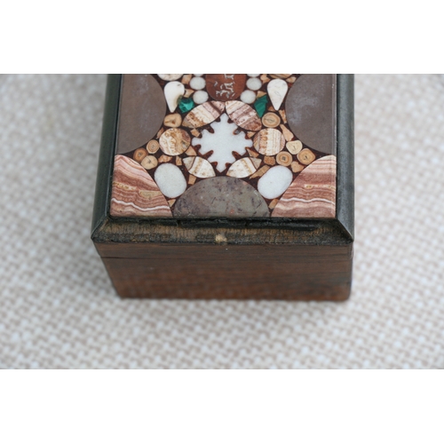 633 - A Karlsbad specimen stone box; together with a pietra dura marble obelisk, 23cms (9ins) high; and an... 