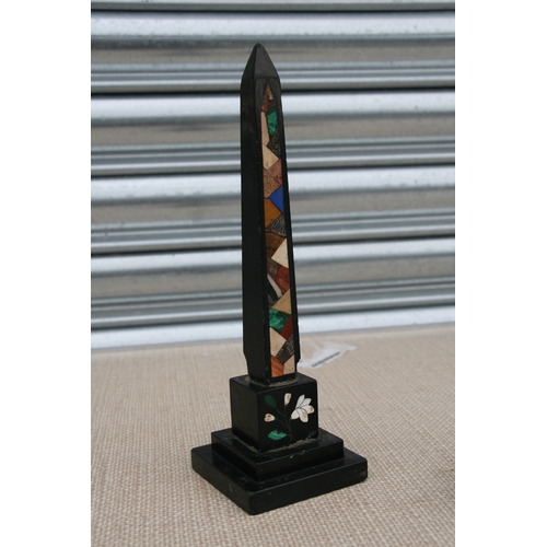 633 - A Karlsbad specimen stone box; together with a pietra dura marble obelisk, 23cms (9ins) high; and an... 