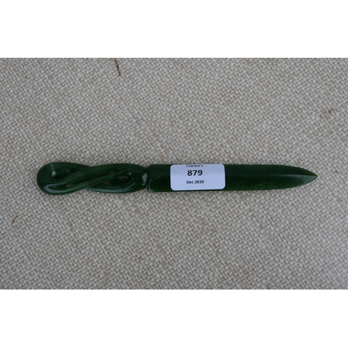 879 - A New Zealand Mauri nephrite jade letter opener with pierced handle, 20cms (8ins) long.