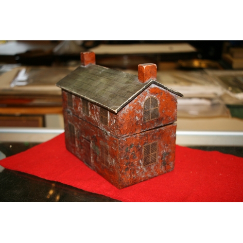 577 - A folk art style perfume caddy in the form of a cottage, interior fitted with a pair of flashed cut ... 