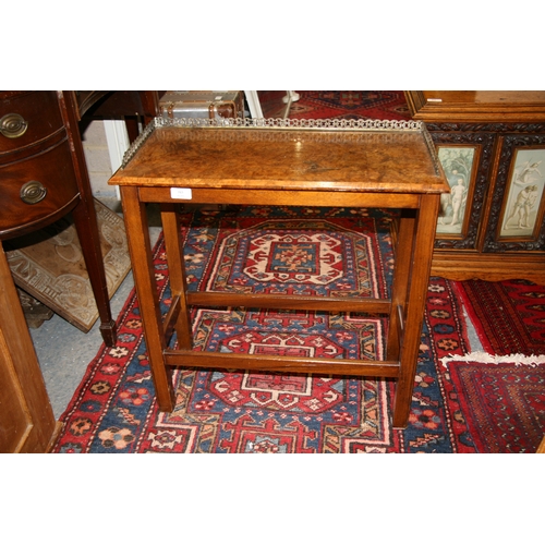 787 - A burr walnut occasional table with pierced brass three quarter gallery, on square legs, 61cms (24in... 