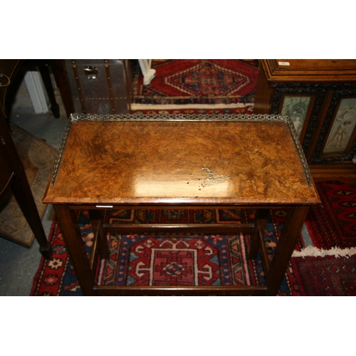 787 - A burr walnut occasional table with pierced brass three quarter gallery, on square legs, 61cms (24in... 