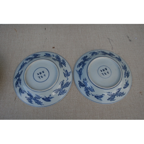 385 - A pair of Chinese blue & white plates decorated with Immortals, six character mark to the underside,... 