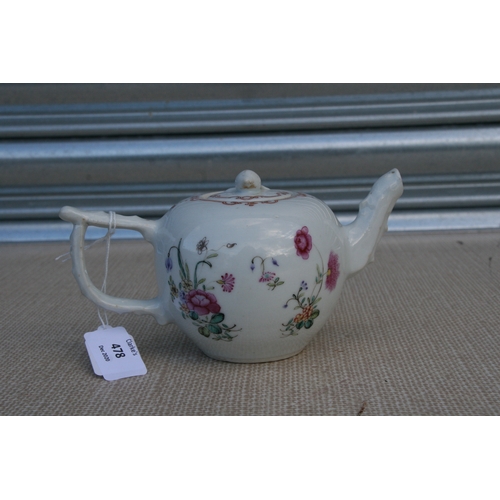 478 - An 18th century Chinese famille rose teapot decorated flowers with peach finial.9cm (3.5 ins)