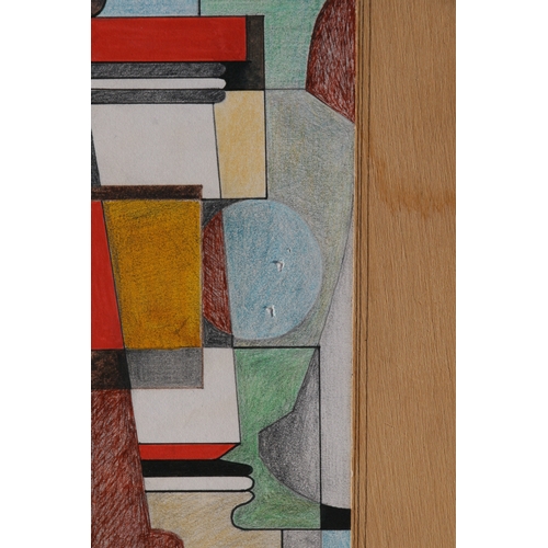 668 - Arthur Mitson - Abstract - coloured pencil on wood - label to verso, unframed, 11 by 18cms (4.25 by ... 