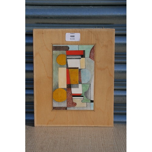 668 - Arthur Mitson - Abstract - coloured pencil on wood - label to verso, unframed, 11 by 18cms (4.25 by ... 