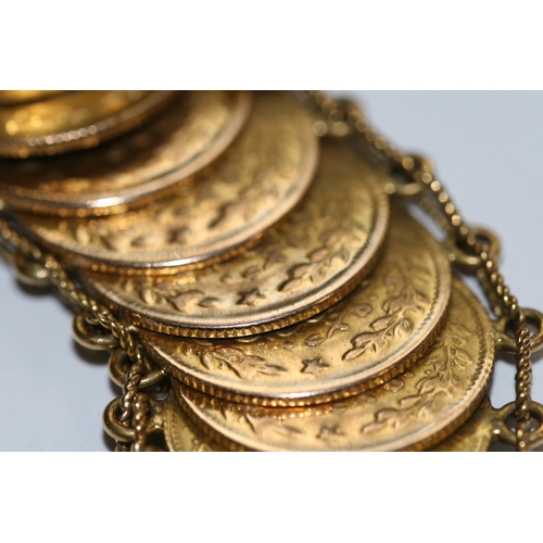 241 - A Persian or Arabic yellow coloured metal coin bracelet, the coins testing for high carat gold, weig... 