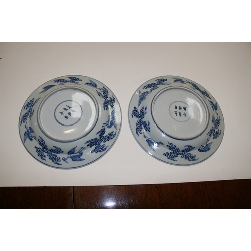 385 - A pair of Chinese blue & white plates decorated with Immortals, six character mark to the underside,... 