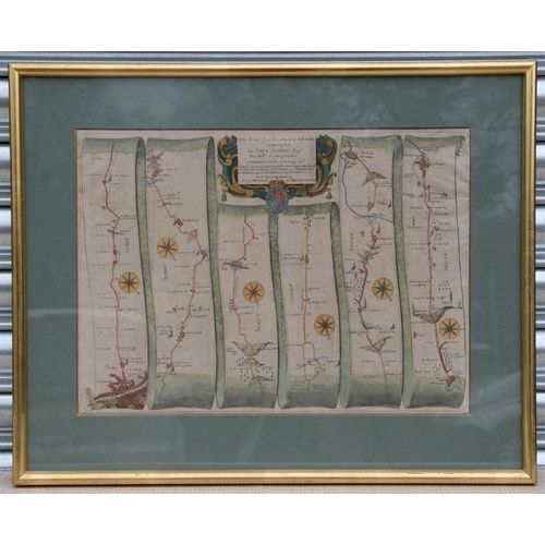 110 - Ogilby (John) - an 18th century hand coloured map 'The Road From London to Arundel', framed & gl... 