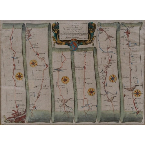 110 - Ogilby (John) - an 18th century hand coloured map 'The Road From London to Arundel', framed & gl... 