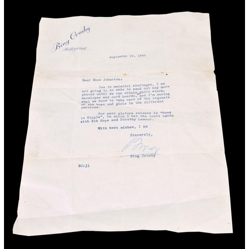 113 - A signed letter from Bing Crosby, dated September 15th, 1945, apologising due to the material shorta... 