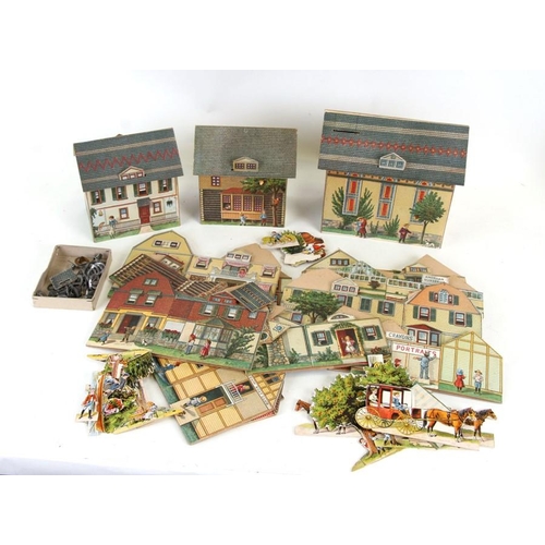 142 - A Victorian American folding printed cardboard toy town consisting of seventeen buildings and a quan... 