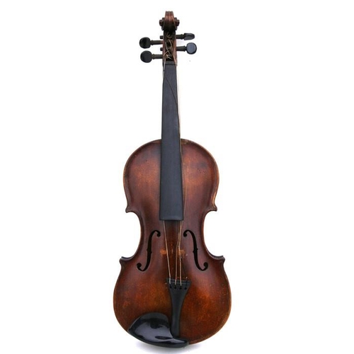 158 - A one piece back violin and bow in a coffin shaped case, 56cms (22ins) long.