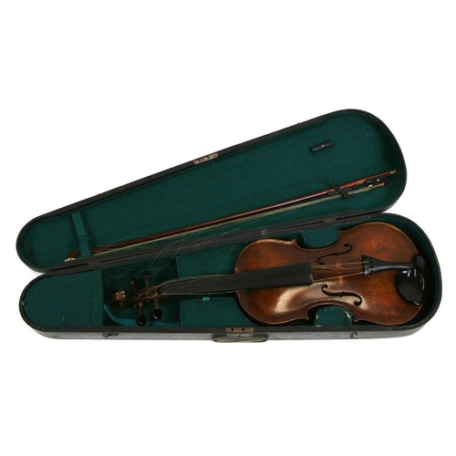 158 - A one piece back violin and bow in a coffin shaped case, 56cms (22ins) long.