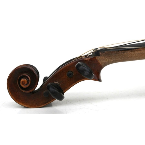 158 - A one piece back violin and bow in a coffin shaped case, 56cms (22ins) long.