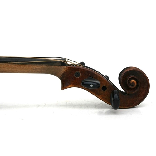 158 - A one piece back violin and bow in a coffin shaped case, 56cms (22ins) long.