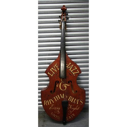 161 - A decorative double bass with single piece back, sign written 'Live Jazz & Rhythm 'n' Blues Ever... 