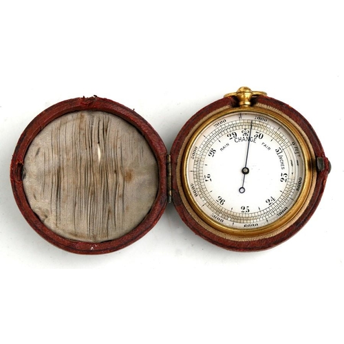 167 - A 19th century pocket barometer in a leather case.