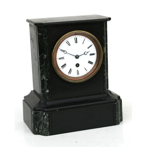 186 - A Victorian black slate mantle clock, the white enamel dial with Roman numerals, 23cms (9ins) wide.