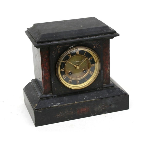 187 - A Victorian black slate mantle clock, the black enamel chapter ring with gilt Roman numerals, fitted... 