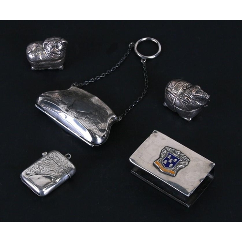 216 - A silver purse with engraved foliate decoration, a silver vesta, a silver matchbox cover and two whi... 